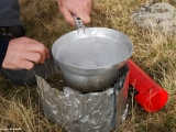 Tonite's menu: soup, sausage and tea.